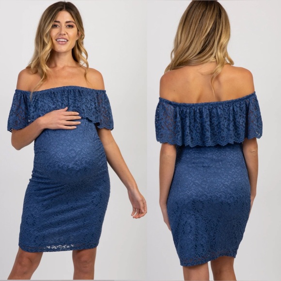 PINKBLUSH Blue Lace Off-Shoulder Fitted Maternity Dress, Size Small, LIKE NEW - Picture 2 of 11